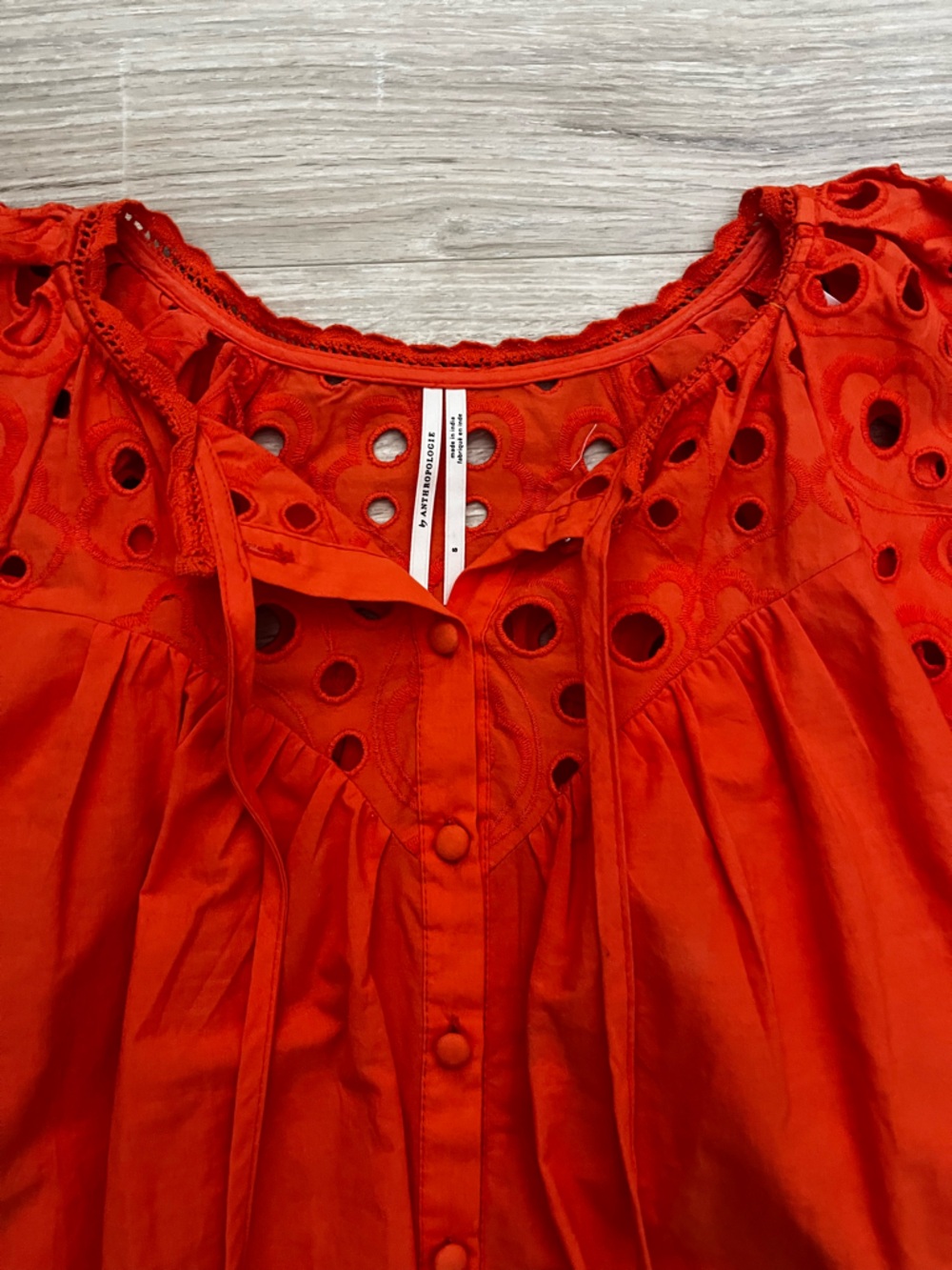 Anthropologie Women’s Chantal Orange Red Eyelet Puff-Sleeve Button Blouse Small - Picture 4 of 12